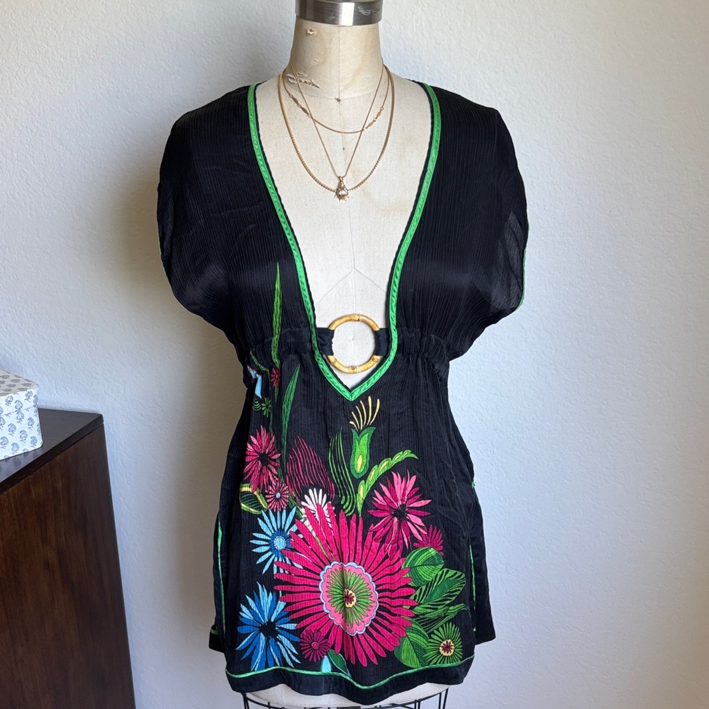 bebe 100% Silk Black Deep-V Tunic with Bright Florals